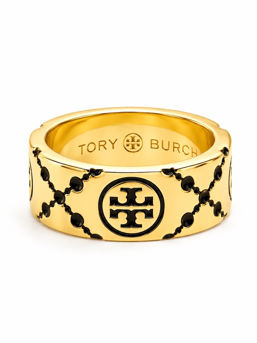 Tory Burch Gold Tone Wide Logo Ring Black Enamel Designer Statement Ring. Size 7